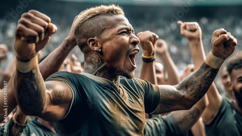 Soccer players cheer and celebrate their team's victory - ai generative