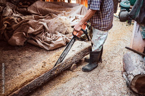 Chainsaw. Close-up of Lumber workers using woodcutter sawing chain saw