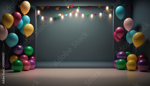 Birthday background with balloons. Illustration AI Generative.