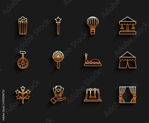 Set line Fireworks, Hand holding playing cards, Popcorn cardboard box, Swing, Curtain, Lollipop, Circus tent and Bumper icon. Vector