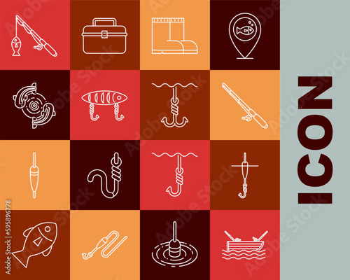 Set line Fishing boat with fishing rod on water, hook and float, boots, lure, and under icon. Vector