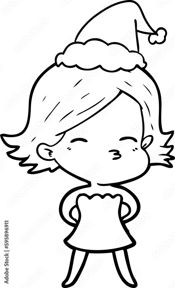 hand drawn line drawing of a woman wearing santa hat hand drawn line drawing of a woman wearing santa hat