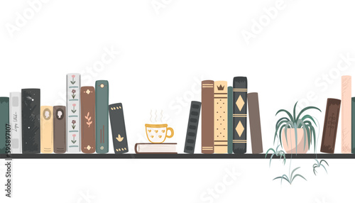 Seamless border of vintage novel and fairy tales books. Standing books composition isolated on white background. Home library. Vector illustration