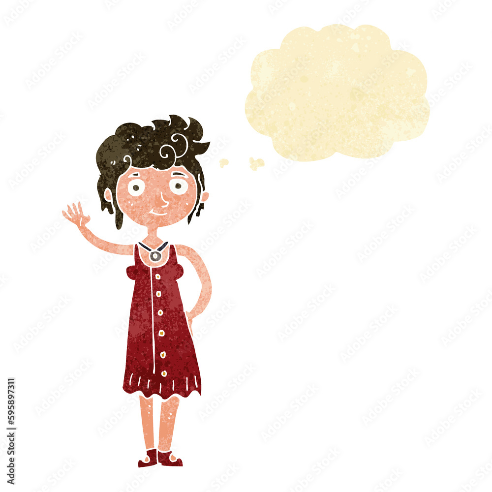 cartoon hippie woman waving with thought bubble cartoon hippie woman waving with thought bubble