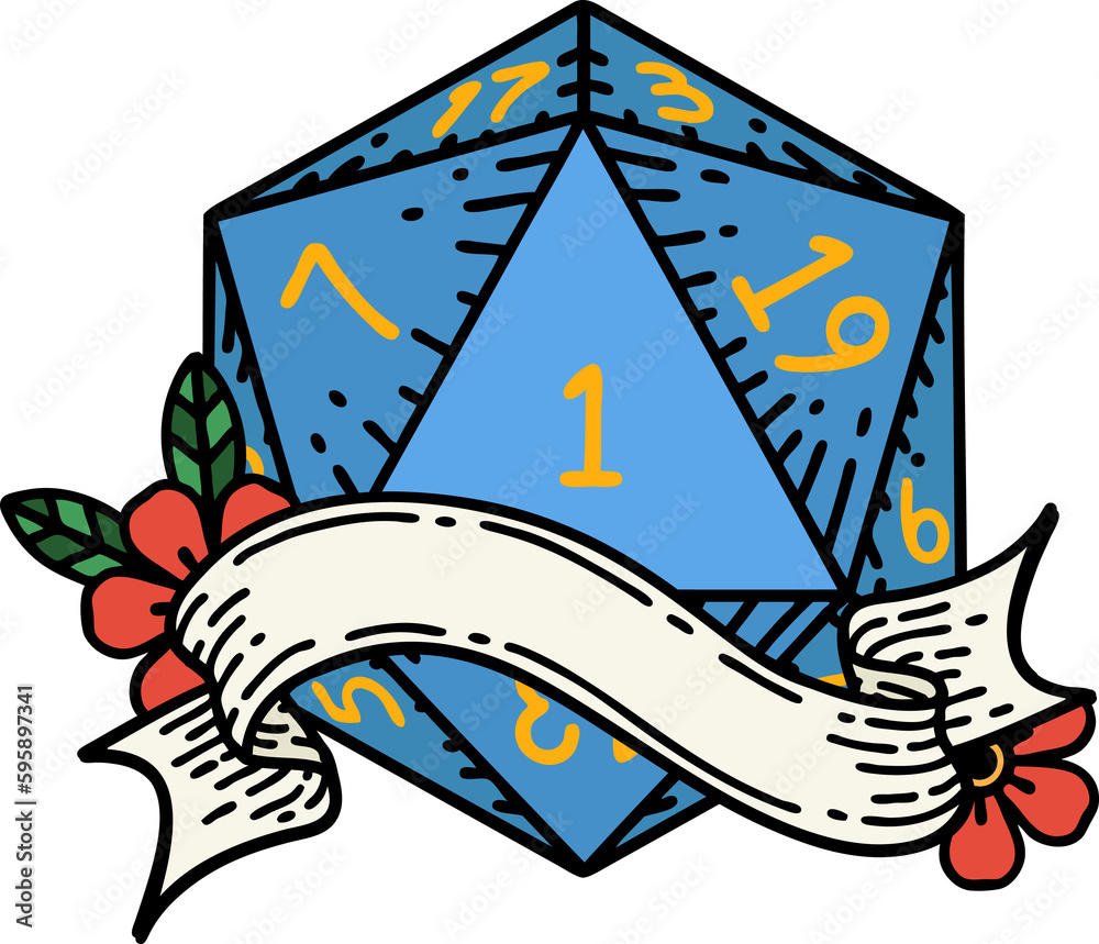 Retro Tattoo Style natural one d20 dice roll Retro Tattoo Style natural one d20 dice roll