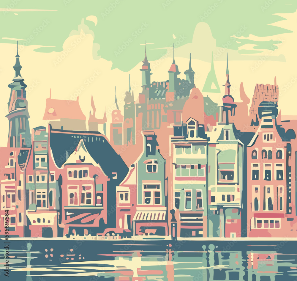 retro art, dutch city, Amsterdam, vector art, pastel colors.