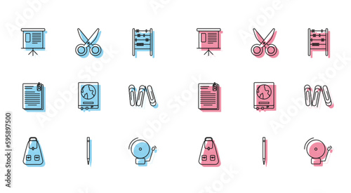 Set line School backpack, schedule, chart, diagram, infographic, pie graph, Ringing alarm bell, World map school blackboard, Paper clip, File document and paper and Scissors icon. Vector