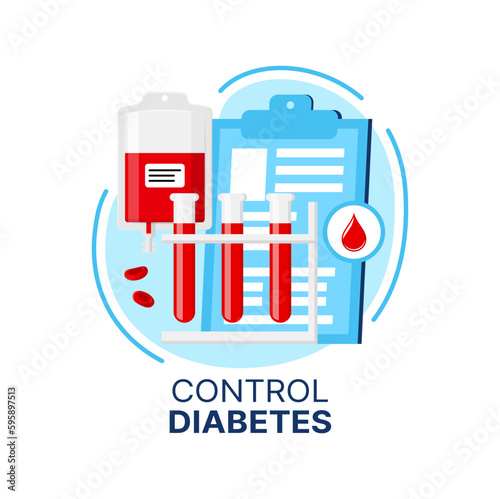 Diabetes control icon of vector blood sugar or glucose level test tubes, blood bag and drop with medical check up clipboard. Diabetes mellitus type diagnosis, care and prevention, healthcare concept