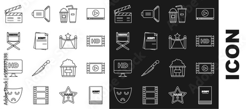 Set line Scenario, Play Video, 4k movie, tape, frame, Popcorn and soda drink glass, Director chair, Movie clapper and Carpet with barriers star icon. Vector