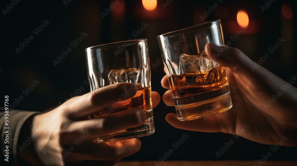 People's hands are minted with glasses of whiskey Illustration AI Generative.