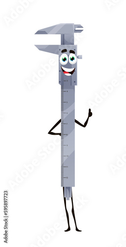 Cartoon calipers tool character, work instrument and measure equipment, vector funny personage. DIY workshop repair, construction and carpentry work tool character, calipers with smile and thumb up