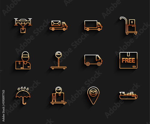 Set line Umbrella and rain drops, Delivery drone the package, Placeholder map paper, Cargo ship boxes delivery service, Cardboard free symbol and cargo truck vehicle icon. Vector