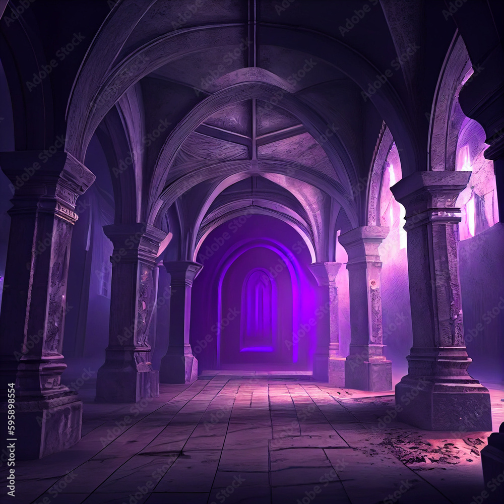 arches of the cathedral - purple lit magical dungeon, big hall, medieval, magical, environment, insanely detailed and intricate - Generative AI