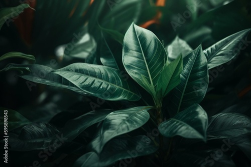 Close-up view of lush green plant leaves against a floral tropical patterned background. Generative AI