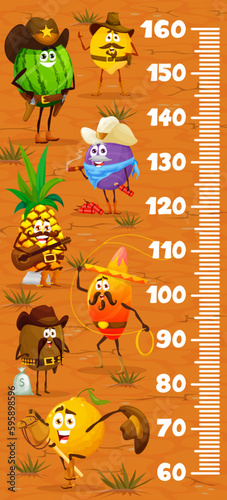 Kids height chart ruler cartoon fruit cowboy, ranger, sheriff and robber characters. Vector measurement scale with lemon, watermelon, plum and pineapple, mango, kiwi with orange western personages