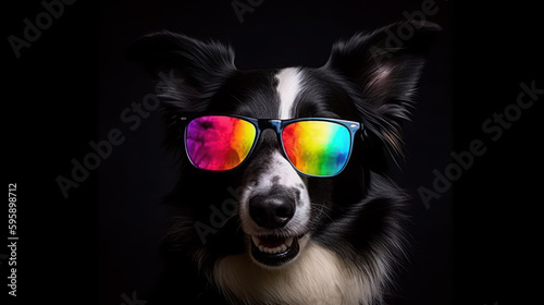 Funny cute puppy dog border collie in LGBT rainbow sunglasses. Dog Gay Pride portrait. Equal rights for lgbtq community concept. Generative AI