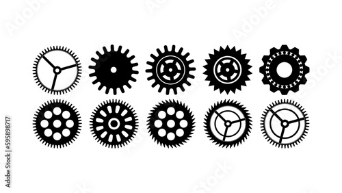 Gear set. Black gear wheel icons on transparent background