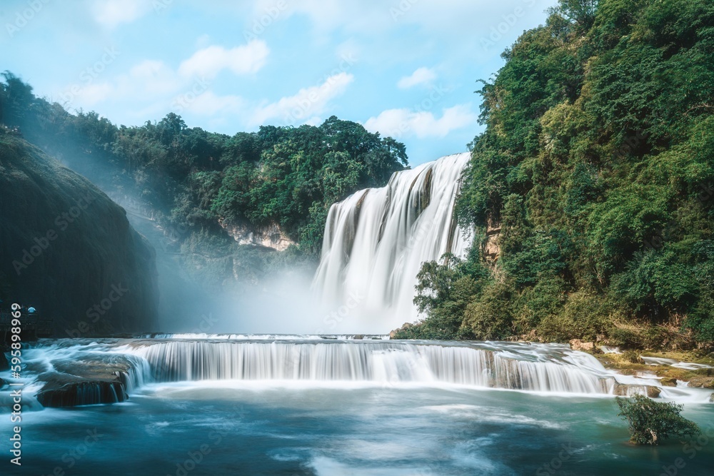 Fototapeta premium Huangguoshu Waterfall, famous scenery in Guizhou, China, karst terrain, waterfall height 77.8m, width 101m