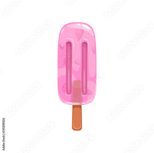 Cartoon popsicle ice cream, pink ice pop lolly with fruit flavor on stick. Vector summer dessert food of watermelon or strawberry frozen juice, candy bar or sorbet, fruity popsicle on wooden stick