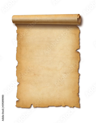 Old mediaeval paper sheet. Parchment scroll isolated on white with shadow