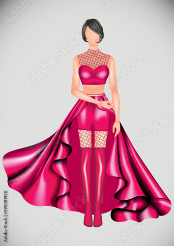 Digital women illustration in pink dress with net top and long boots made of silk fabric which has shine and lustre 