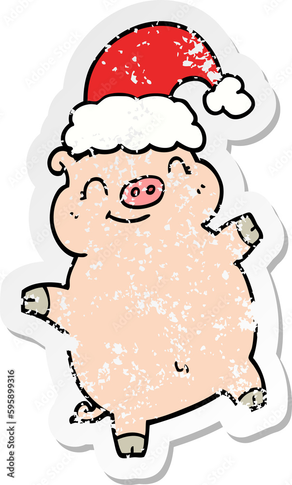 distressed sticker of a cartoon happy christmas pig distressed sticker of a cartoon happy christmas pig