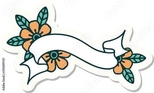 sticker of tattoo in traditional style of a banner and flowers