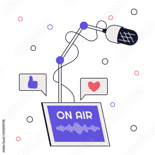 Podcast recording concept. Broadcast microphone, online interview or podcast recording flat vector illustration
