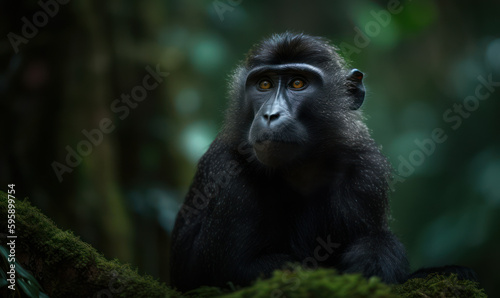 Majestic Crested Black Macaque, perched on a moss-covered tree trunk in the lush rainforest of Sulawesi Island. The primate's striking black & white fur is captured in stunning detail. Generative AI