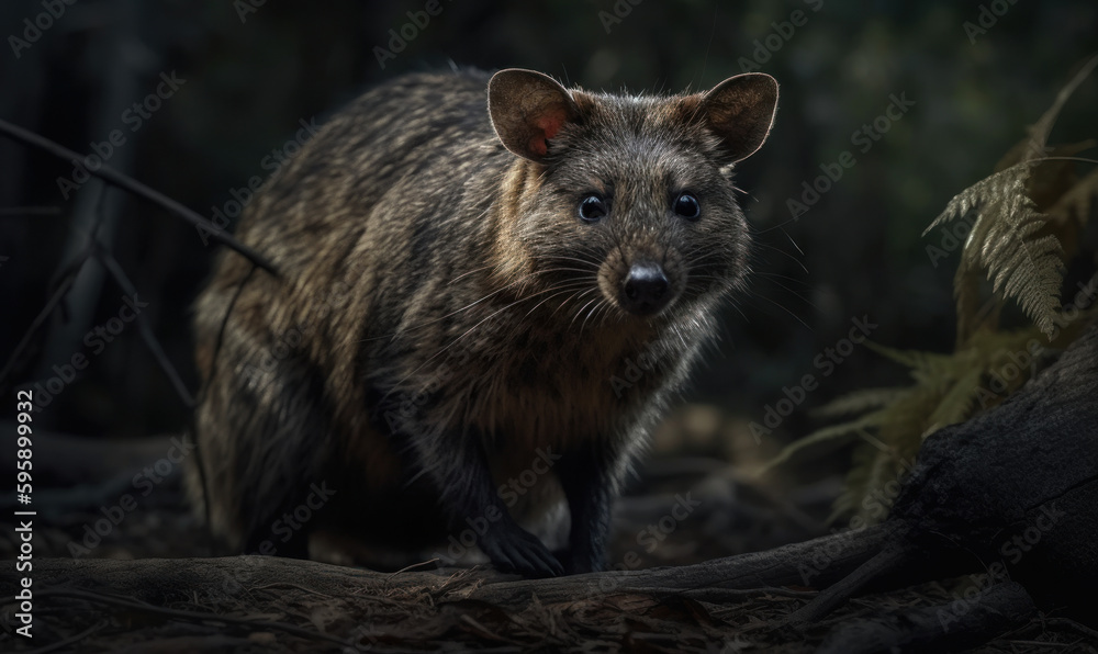 Nocturnal Hunter: Dasyurid Marsupial in a dense, bushy landscape that complements the marsupial's camouflaging abilities, agility and nocturnal hunting abilities. Generative AI