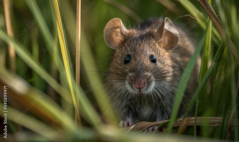 Photo of cotton rat, genus Sigmodon, captured in naturalistic environment of tall grass & bushes, with its curious eyes & soft fur meticulously detailed, showcasing its characteristics. Generative AI Photo of cotton rat, genus Sigmodon, captured in naturalistic environment of tall grass & bushes, with its curious eyes & soft fur meticulously detailed, showcasing its characteristics. Generative AI