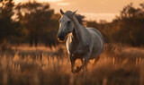 Photo of Criollo, horse breed of Argentina, captured in its natural element, galloping through the sprawling, grassy Pampas at sunset. Generative AI