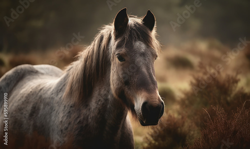 close up photo of Dartmoor, breed of pony on blurry forest background. Generative AI © Bartek