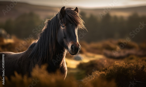 sunset photo of Dartmoor, breed of pony in its natural habitat. Generative AI