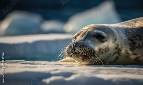 Crabeater seal, captured amidst vast expanses of ice & snow. Animal is pictured basking in soft, diffused light of the Antarctic sun, its whiskers glistening with icy droplets. Generative AI © Bartek
