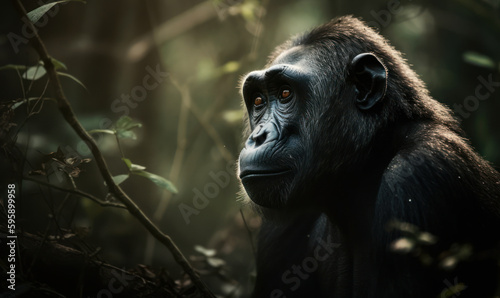 photo of crested black macaque on rainforest background. Generative AI © Bartek