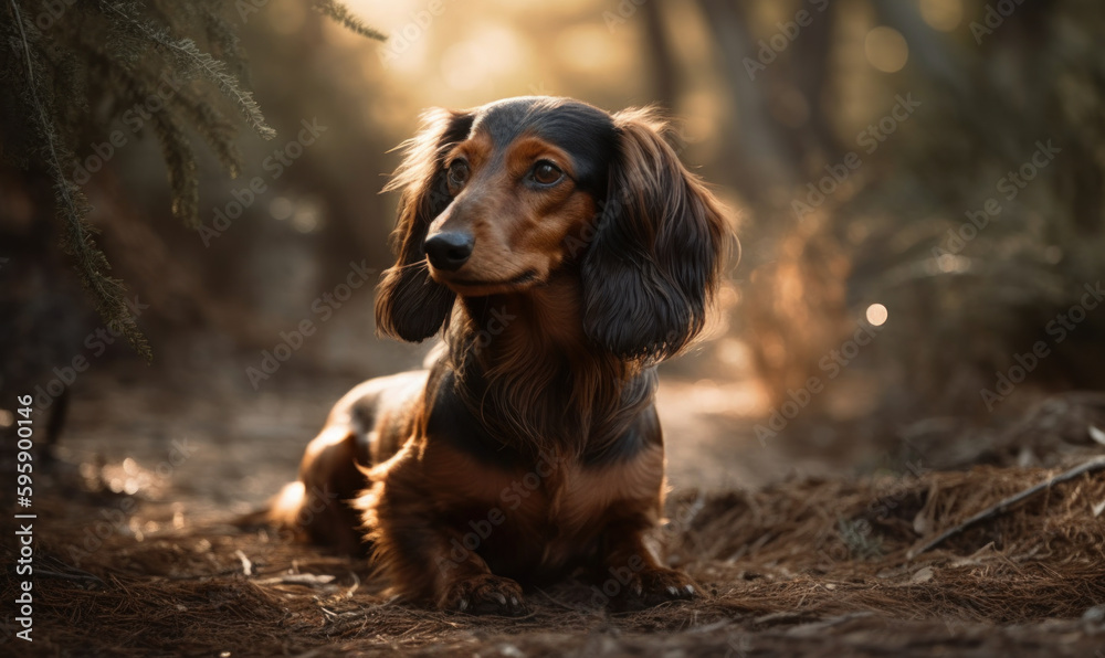 sunset photo of Dachshund on a forest path. Generative AI