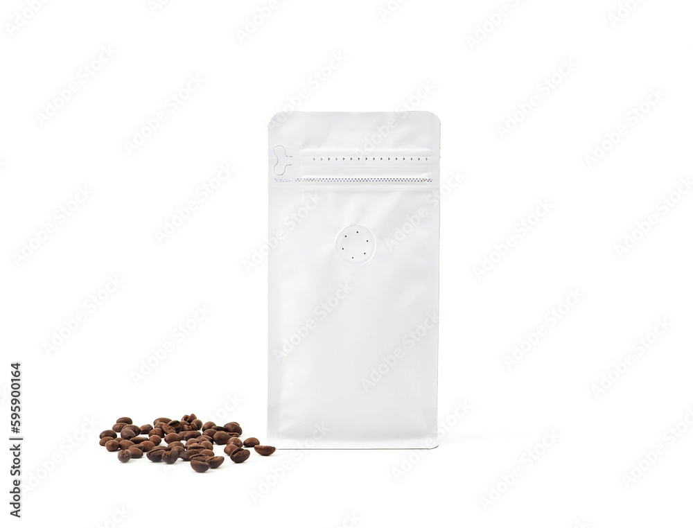 Foil plastic paper bag packaging with vacuum-sealed, zipper and pile of seed for roasted coffee beans template isolated on a white background. Package mock-up for coffee or dry seeds product.. Foil plastic paper bag packaging with vacuum-sealed, zipper and pile of seed for roasted coffee beans template isolated on a white background. Package mock-up for coffee or dry seeds product..