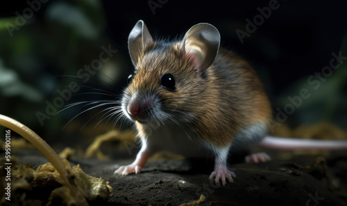 photo of deer mouse (genus Peromyscus) on a forest background. Generative AI © Bartek