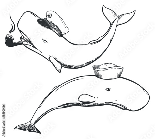 A sperm whale in the form of a captain with a smoking pipe and a cap, in a sailor panama. Caricature of the captain and sailor, chief and subordinate in the navy. Vector for tattoos, t-shirts.