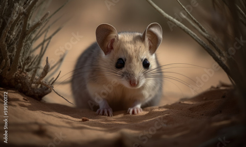 Photo of desert dormouse amidst a barren & sandy landscape. tiny rodent is depicted with its large eyes and delicate paws emphasizing its adorable and vulnerable demeanor. Generative AI