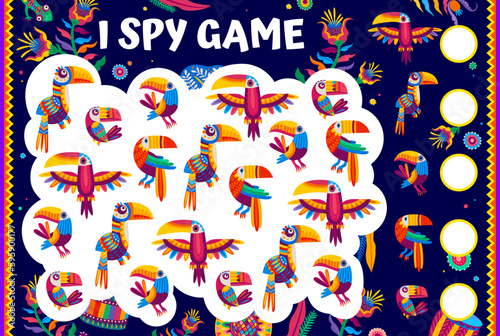 I spy game worksheet with Mexican cartoon toucan birds  vector puzzle quiz. Find and match two same tropical birds  kids riddle game with colorful toucans and Mexican jungle flowers