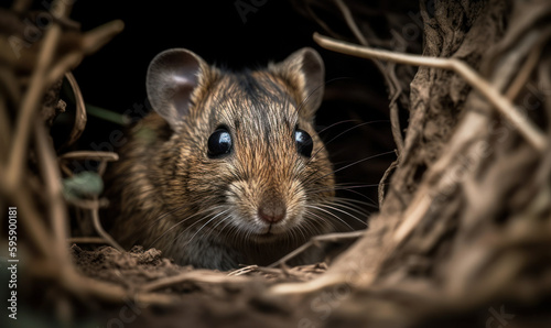 Mischievous Degu in the Tunnels: Portrait of Genus Octodon. Degu (genus Octodon) captured scurrying through a maze of intricate tunnels with a mischievous glint in its eye. Generative AI