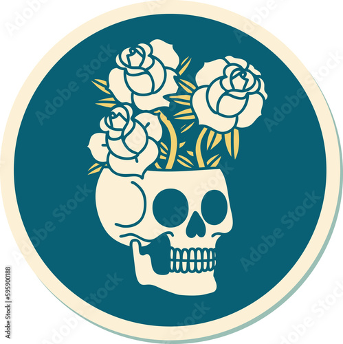 sticker of tattoo in traditional style of a skull and roses