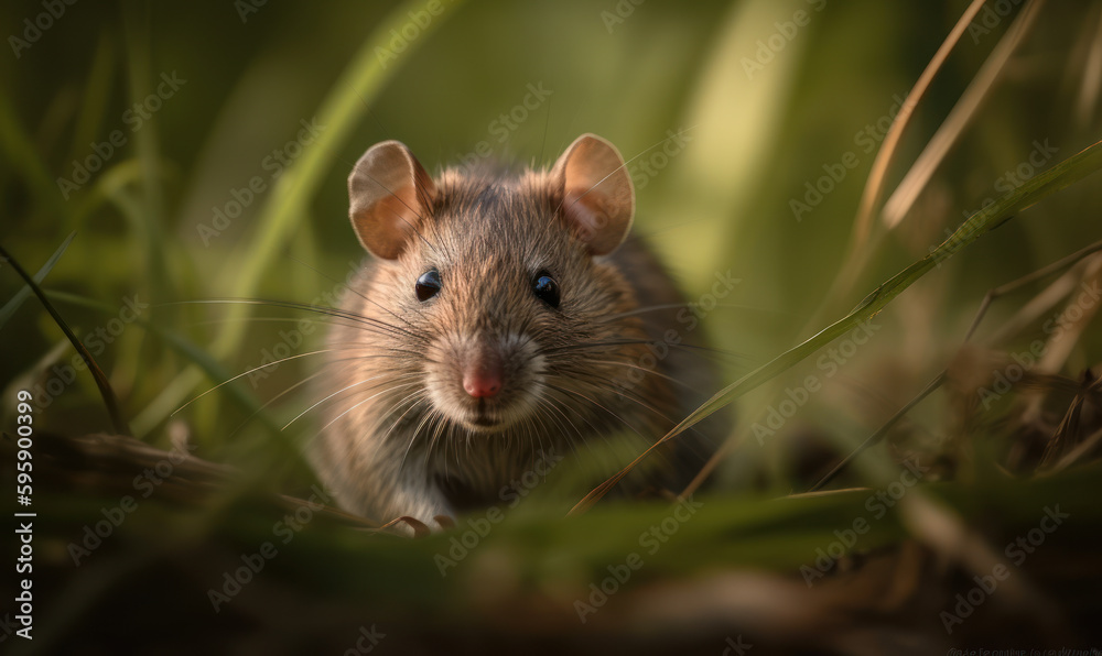 Photo of cotton rat, genus Sigmodon, captured in naturalistic environment of tall grass & bushes, with its curious eyes & soft fur meticulously detailed, showcasing its characteristics. Generative AI Photo of cotton rat, genus Sigmodon, captured in naturalistic environment of tall grass & bushes, with its curious eyes & soft fur meticulously detailed, showcasing its characteristics. Generative AI