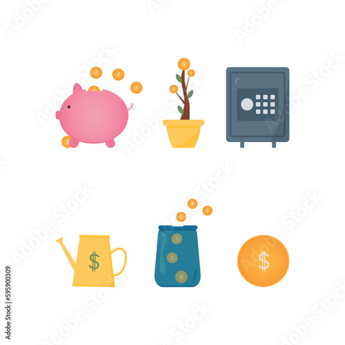 Set of flat piggy banks, with coins, dollar symbol, safe, money tree with dollar coins. A watering can with a dollar sign, a coin with a dollar sign.
finance and banking, income, savings, investments.