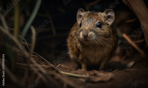 Mischievous Degu in the Tunnels: Portrait of Genus Octodon. Degu (genus Octodon) captured scurrying through a maze of intricate tunnels with a mischievous glint in its eye. Generative AI