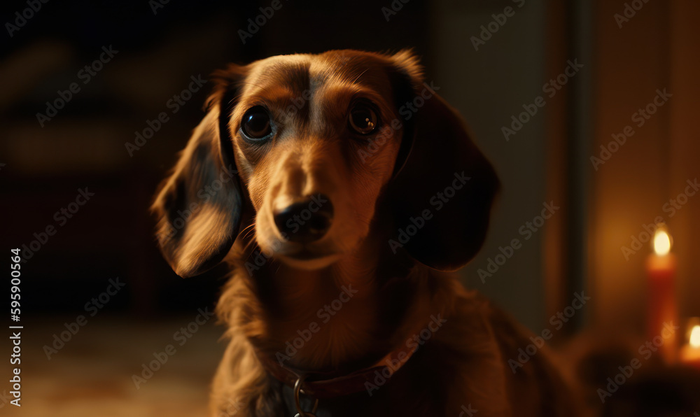 Dachshund captured in cozy living room with its characteristic long body & playful personality. Composition framed to showcase dog's adorable face capturing essence of this beloved breed Generative AI