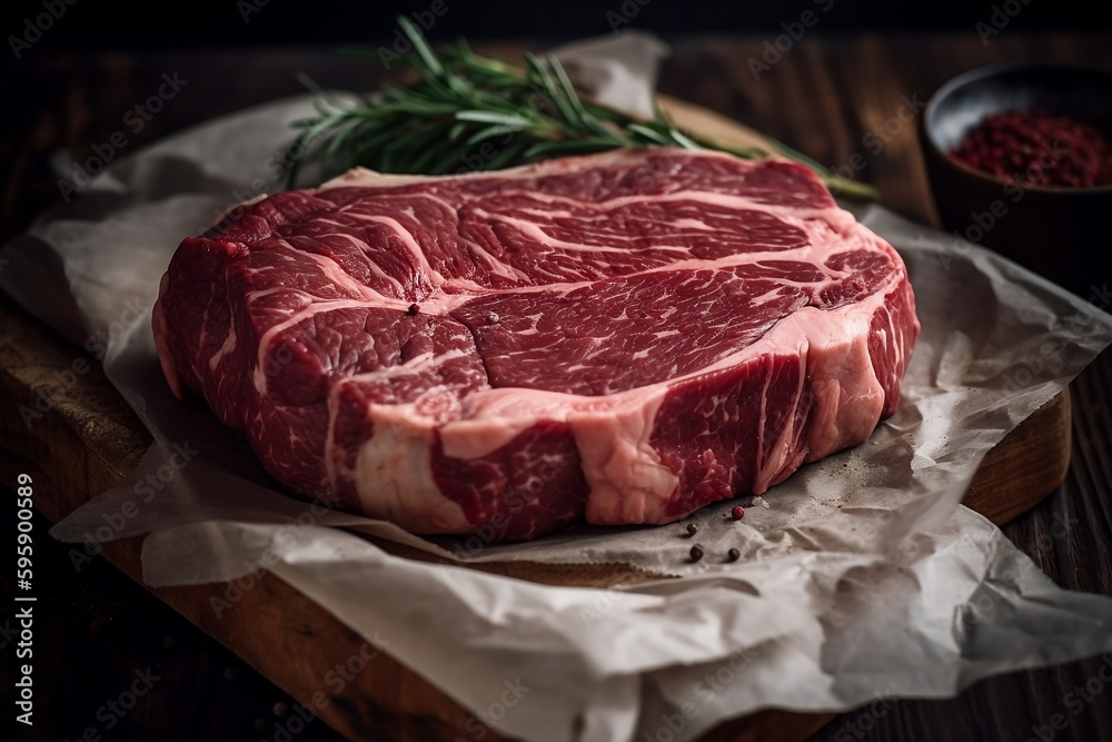 Raw beef steak on a wooden board