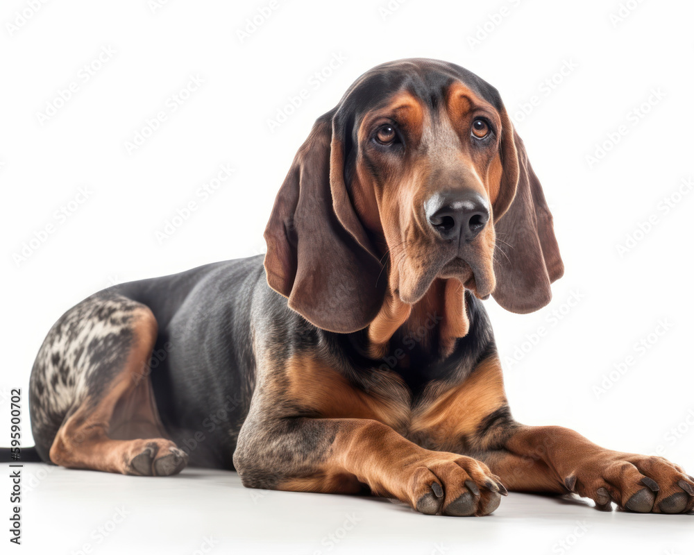 photo of coonhound isolated on white background. Generative AI
